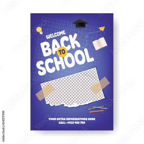 Back to school leaflet, brochure cover template for Sale discount offer, Back to school party poster, school admission poster, preschool, educational flyer or poster with educational supplies elements