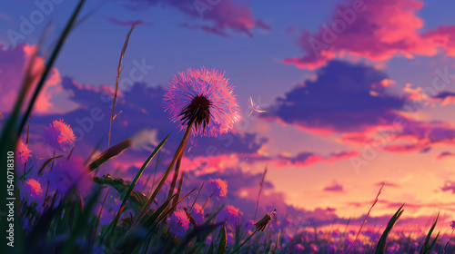 Dandelion in a Vibrant Purple and Pink Flower Field at Sunset , Japanese anime style
