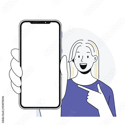 Cheerful Caucasian woman displays a cellphone screen and points towards it