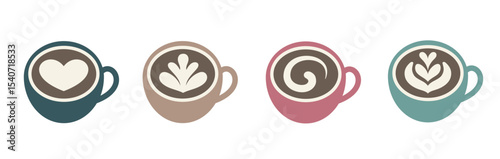 Flat vector art set featuring four colorful coffee cups, with a latte art design on top.