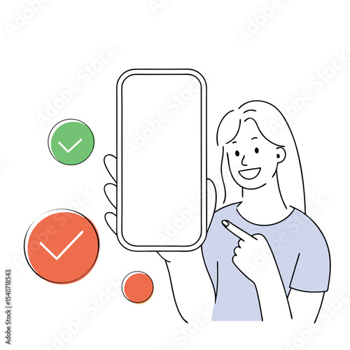 Caucasian woman is pointing to her phone while presenting correct and incorrect feedback