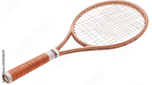 Close-up studio shot of a vintage wooden tennis racket against a white background. The racket is predominantly light brown with an orange grip.  The image is sharply focused, showcasing the details