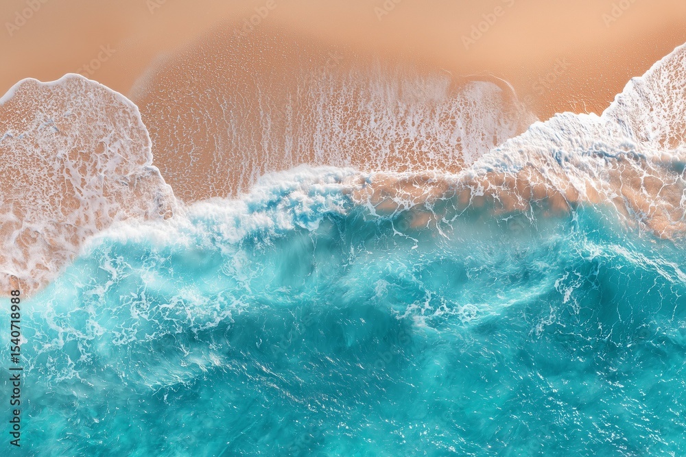 Fototapeta premium Top view of ocean waves washing onto sandy beach