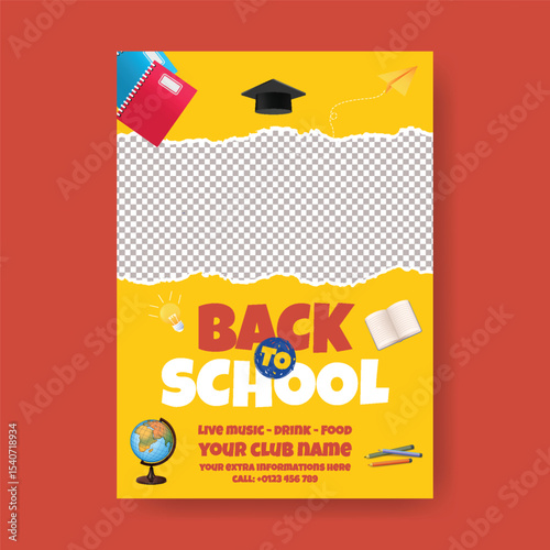 Back to school Sale discount offer, Back to school party, school admission poster, preschool, educational flyer, or poster background vector template with white blank space for text