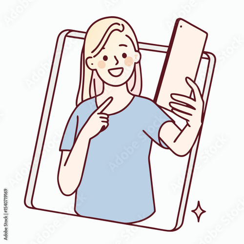 Animated blonde woman is pointing while taking a selfie within a frame