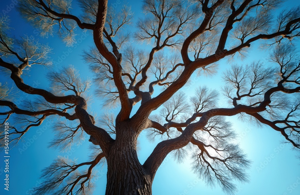 Fototapeta premium Twisted oak tree branches against clear blue sky. Nature scenic landscape with tree trunk. Bare branches. Dry tree, outdoors. Abstract, wavy, curly design. Natural background. View from below.