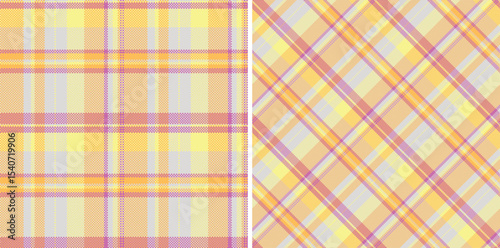 Two seamless plaid patterns. Pastel yellow, orange, pink  grey hues create a soft, versatile design. Ideal for textiles, backgrounds, digital art, and cozy designs.