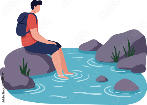 Illustration of Man Soaking Feet in River