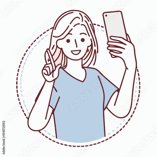 Smiling Asian woman takes a selfie while pointing upward inside a dashed circle