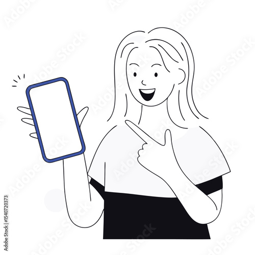 Smiling woman shows her blue smartphone with a blank screen in blackandwhite