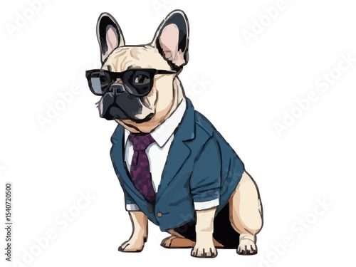 Cool looking French bulldog dog wearing funky fashion dress - jacket, tie, glasses. Wide banner with space for text right side. Stylish animal posing as supermodel. Generative AI 