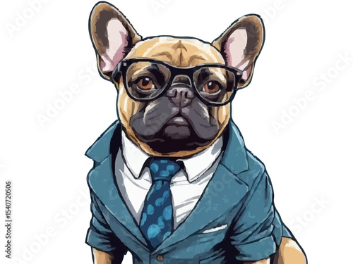 Cool looking French bulldog dog wearing funky fashion dress - jacket, tie, glasses. Wide banner with space for text right side. Stylish animal posing as supermodel. Generative AI 