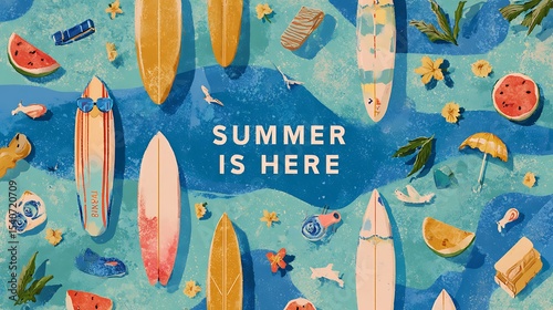 Summer is here with surfboards, watermelon and beach accessories enjoying the waves
