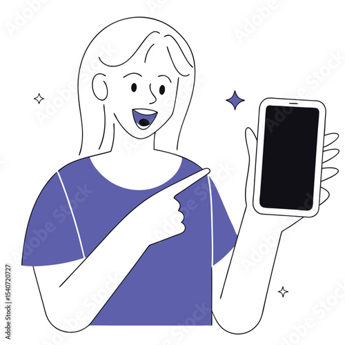 Smiling lady showcases a mobile phone screen while pointing towards it with her finger