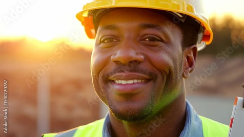Smiling male African American supervisor or engineer with clipboard on construction site. The supervisor confidently manages the construction site with his clipboard, ensuring success.