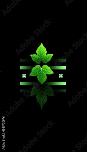 Green leaves emblem on a black background with horizontal lines