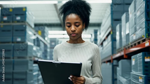 A young African American woman stands in a warehouse with a clipboard. The young African American woman expertly manages her responsibilities, guided by her trusty clipboard.