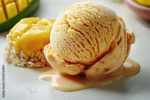 Creamy mango ice cream delight with sticky rice: a tempting tropical dessert fusion photo
