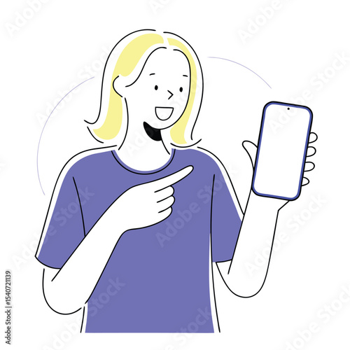 Blonde woman happily presents smartphone and points to the empty screen with a smile