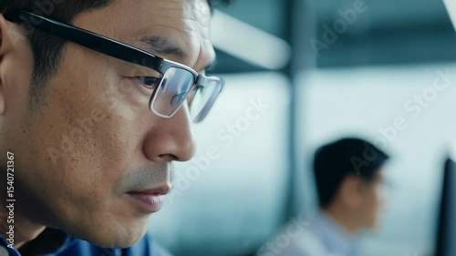 Close-up video of a middle aged Asian man in front of laptop monitor in office. Engaged in his laptop tasks, he reflects commitment and expertise in every detail of his work.