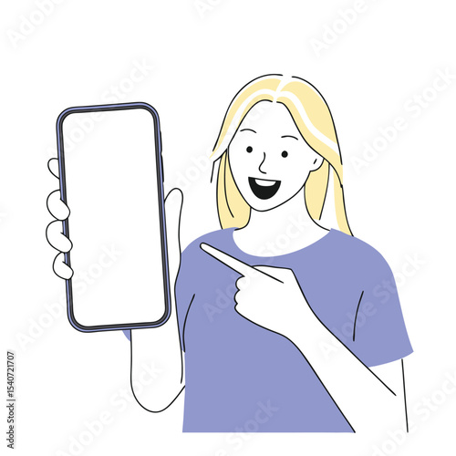 Cheerful blond woman presents blank phone screen and points towards it happily