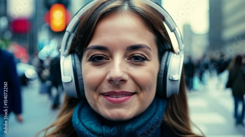 Close up portrait of a smiling calm young Caucasian woman in big headphones in the middle of a crowd on the street of a big city. Amid the hustle, her calm demeanor and smile capture the moment.