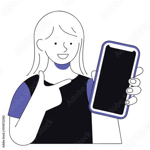 Smiling young woman points to a smartphone in her hand, showcasing something appealing