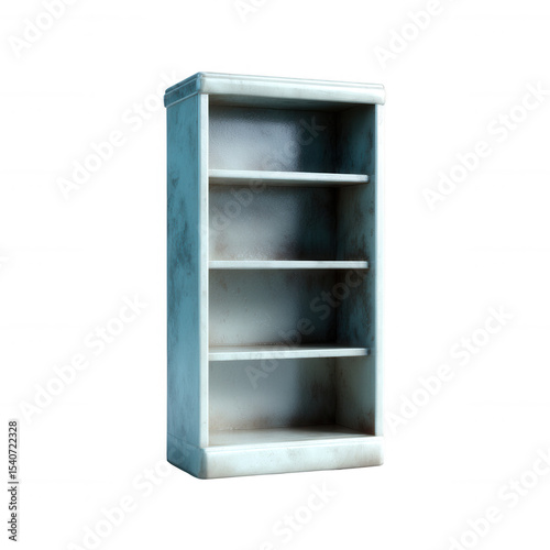 Empty vintage wooden shelf unit with four shelves, designed for decorative or storage purposes, isolated on a white background.