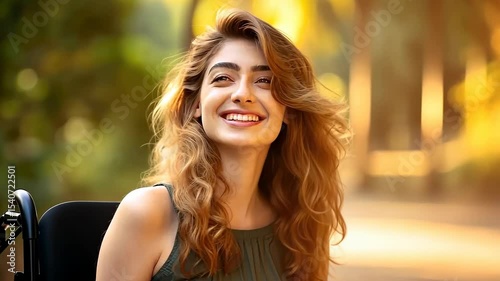 Happy paraplegic woman embracing life in a green park.