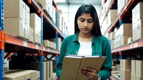 A young serious Indian woman stands in a warehouse with a clipboard. The young woman stands firm, her serious expression reflecting her dedication to excellence in her role.
