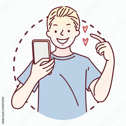 Fair haired guy holds a phone and points with hearts around him