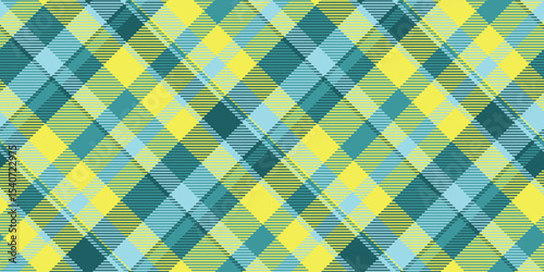 Vibrant diagonal plaid pattern in sunny yellow, teal, and light blue.  Perfect for textiles, web design, or packaging.  This cheerful, modern design evokes feelings of freshness and optimism.