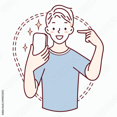 Smiling Asian man showcases his smartphone's features, pointing at the screen with visible excitement