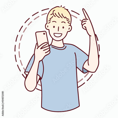 Joyful blond male points upward while viewing content on his mobile phone device