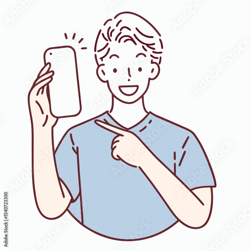 Smiling young man points to the blank smartphone he is holding happily