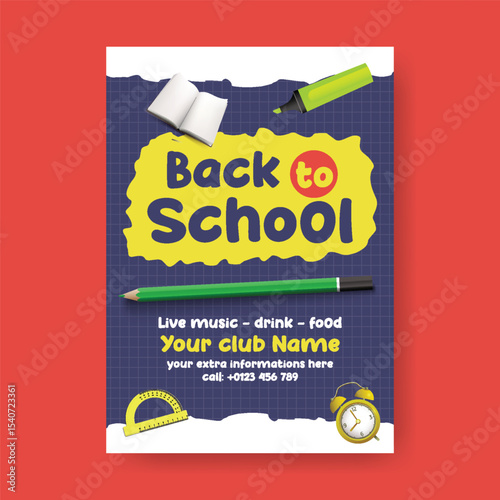 Modern educational print flyer or poster template for back to school party and school admission poster, online learning flyer, poster educational supplies elements background design