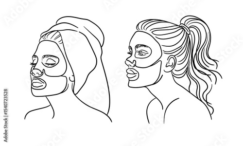 Girls applying moisturizing sheet mask on face, continious line drawing. Spa salon, cosmetology, body care, beauty routine outline. Vector illustration