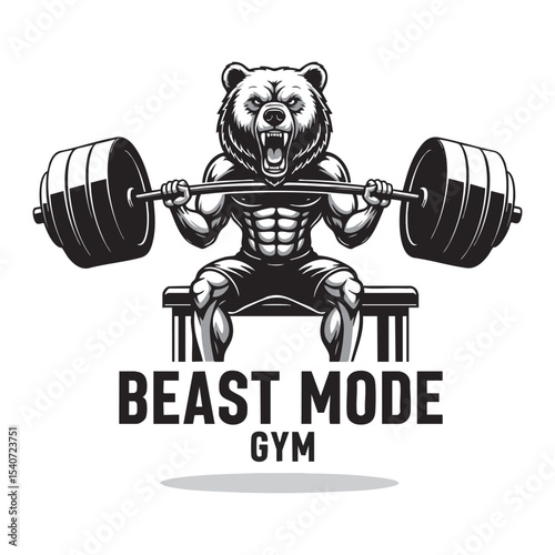  "Beast Mode Gym" Bear Bench Press Vector Logo - Powerful Animal Mascot for Strength Training.
