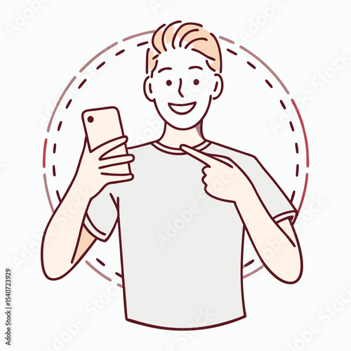 Smiling young man presents his mobile phone while gesturing towards himself in a circle