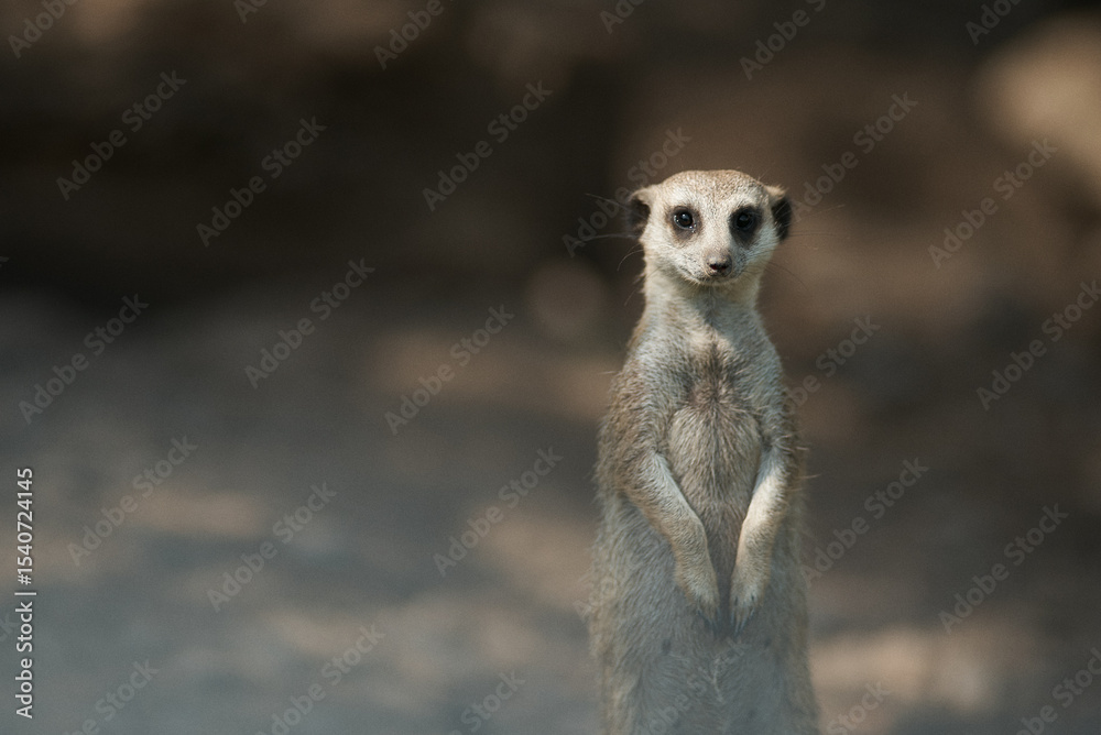 Fototapeta premium A meerkat stands tall, offering a direct, curious gaze at the viewer in a natural setting.