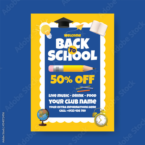 Modern educational print flyer or poster template for back to school party and school admission poster, online learning flyer, poster educational supplies elements background design