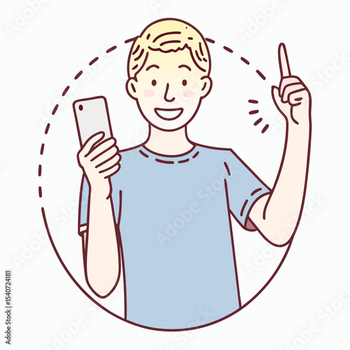 Blond man holding phone has eureka moment, pointing finger within dashed circle