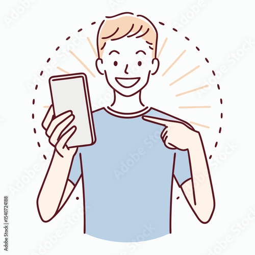 Smiling young man points to himself while holding a smartphone in hand