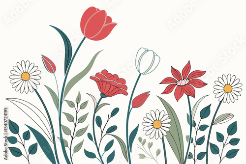 Various flowers bloom gracefully among verdant leaves against a stark white background to form a pleasing pattern