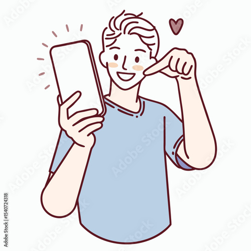 Happy Asian man holds phone, making a call me gesture with a heart symbol