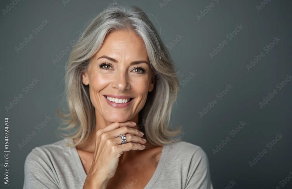 Beautiful portrait of an elegant senior woman with grey hair and a radiant smile. Mature model poses in studio setting. Natural beauty and healthy skin. Anti-ageing, cosmetic and spa themes are here. Beautiful portrait of an elegant senior woman with grey hair and a radiant smile. Mature model poses in studio setting. Natural beauty and healthy skin. Anti-ageing, cosmetic and spa themes are here.
