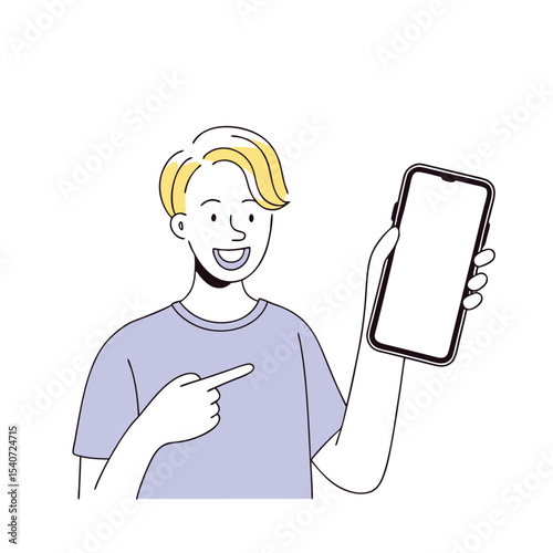 Young man with blonde hair points to the blank screen of a smartphone