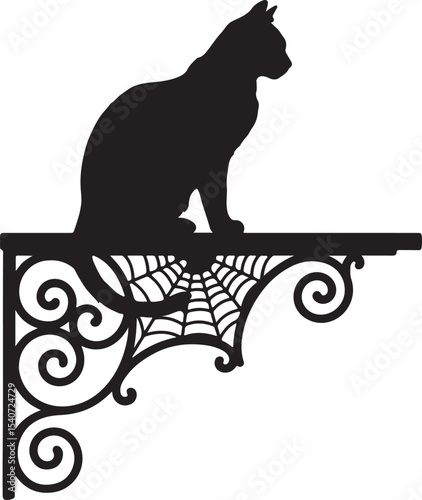 Black silhouette Cat Spider Web Halloween Gothic Vector Design