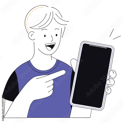 Smiling young man points towards the smartphone in his hand with excitement
