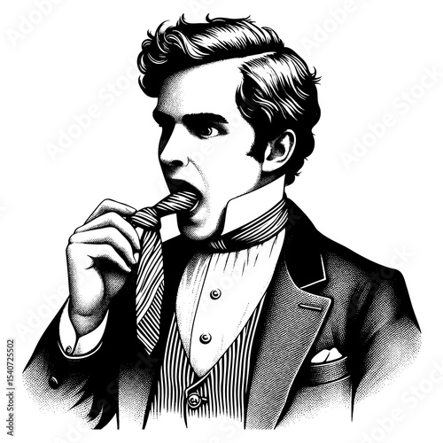 man humorously trying to eat his necktie, blending surrealism with vintage fashion sketch engraving generative ai fictional character PNG illustration. Scratch board imitation. Black and white.